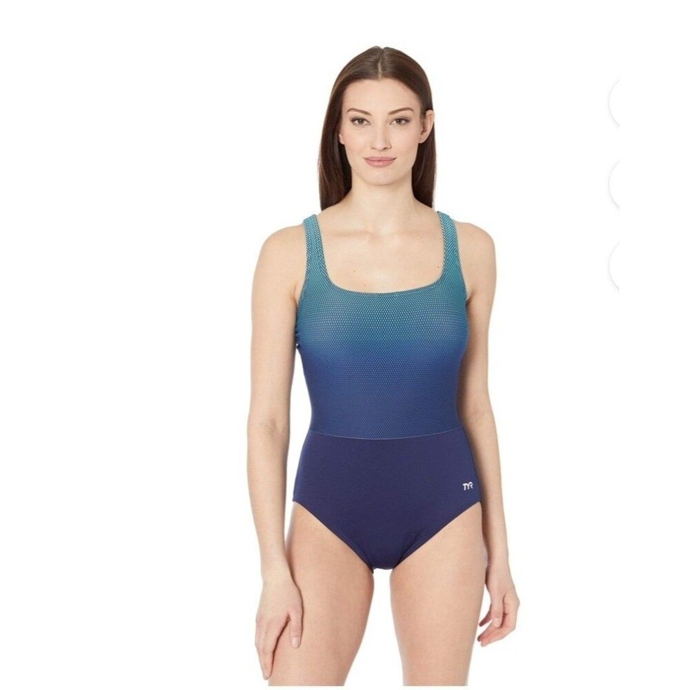 TYR Women's Durafast Elite Fishnet Scoop Neck Controlfit Turquoise Sz 12 New